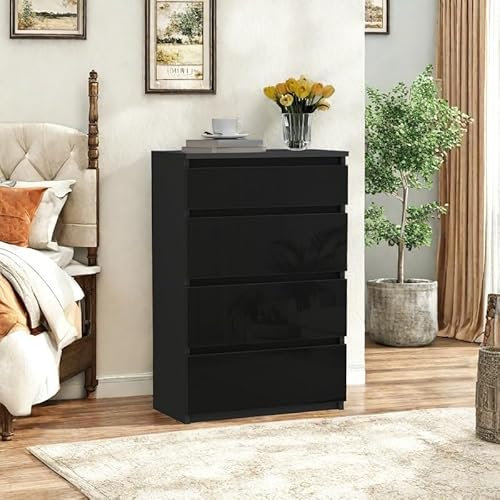 YITAHOME Kommode, 4 Schubladen, zeitgenössischer Hochglanz, stabil und sicher, für Schlafzimmermöbel, 92 x 33 x 60 cm, Schwarz