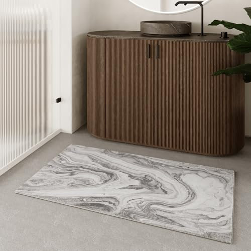 WECONhome – Waschbarer und Rutschfester Badezimmerteppich im eleganten Marmor-Design – Höchster Komfort und Moderne Ästhetik für Dein Bad – Jani (55 x 65 cm, weiß)