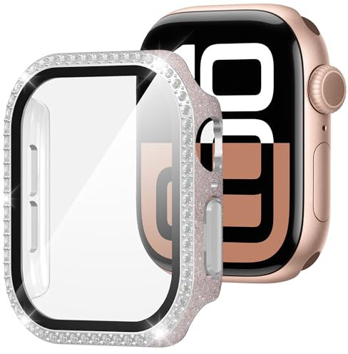 Suoman Hülle für Apple Watch Series 6/5/4/SE 44mm Schutzhülle Glitzerdiamanten PC Rundum Displayschutz Ultradünne Glas Schutz Case Schutzhülle,Rosé,44mm