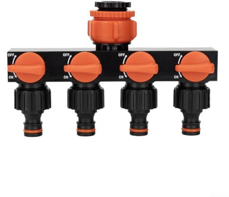 Entgoinggo Distributore d'acqua a quattro vie per tubo da giardino, con valvole di controllo individuali, splitter per rubinetto da giardino per irrigazione domestica e prato (arancione)