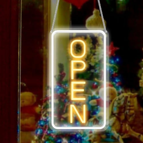 Open Neon Schild LED mit 12V Ein/Aus Adapter, Einstellbares Helligkeit Open Schild für Geschäfte, Bar, Salon, Store und Cafe, Gelb/Weiß, Leuchtreklame Led Schild, Neon Sign, 18 x 38 CM, Vertikal
