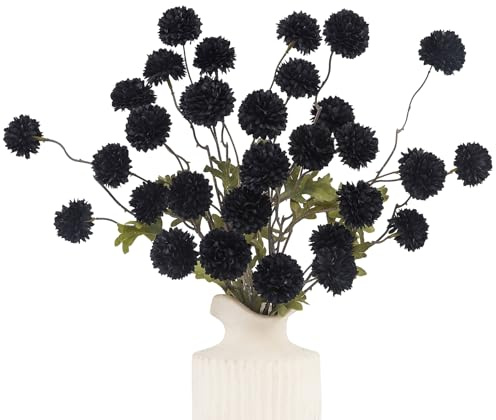 DuHouse 6pcs Black Flowers Faux Silk Pompon Mum,Silk Small Mini Chrysanthemum Ball with Stems for DIY Wedding Bouquets Centerpieces Vase Home Table Halloween Decorations(Black)