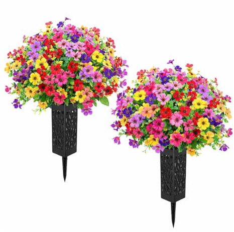 Cemetery Flowers for Grave with Vases, 2pcs Artificial Flowers Cemetery Decorations for Grave, Faux Bouquet Graveyard Memorial Flowers for Cemetery Decoration, Silk Funeral Floral Arrangements Flower