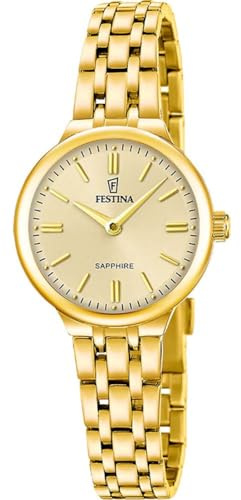 Festina Damenuhr Analog aus Edelstahl 316L Goldfarben | Quarzuhr, Widerstandsfähiges Saphirglas, Wasserdicht 5 ATM, F20745/2, Mademoiselle