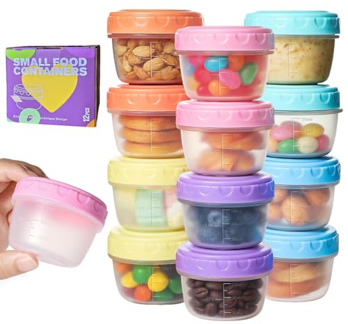 12 Mini Herméticos de Plástico, 50ml, Recipientes para Alimentos Redondos con Tapa, Recipientes para Alimentos Reutilizables Apilables, con Líneas Graduadas, para Microondas y Congelador