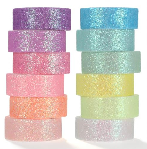 Cobee 12 Rollen Glitzer Washi Tape Set, Bunt Klebeband Bunt Masking Tape | Fashion Scrapbook Zubehör Glitzernde Bänder Dekoratives Klebeband für DIY Scrapbooking Verpackungen