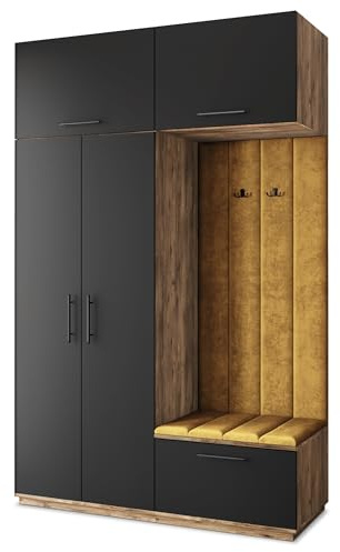 Masseno Flugarderoben Set Rema, Kleiderschrank-Set mit Sitzbank, Garderobenschrank Flur mit 5 Regalböden, Eiche Lefkas/Schwarz