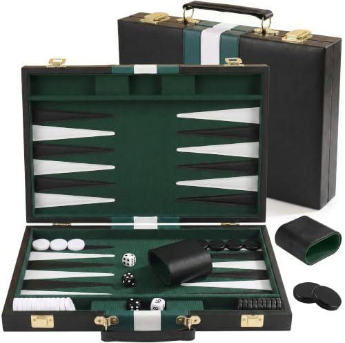PUYUKO Backgammon Set för 2 Spelare Vikbart Backgammonspel i PU-Läder, | 15 Rese Backgammon med 30 Spelpjäser, 4 Tärningar, Fördubblingstärning och 2 Tärningskoppar, Grön