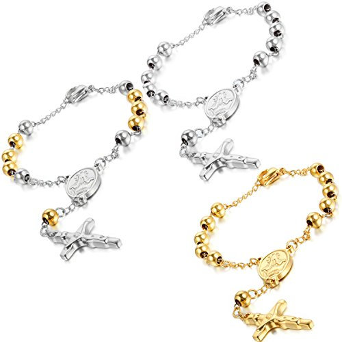 Flongo Rosenkranz Herren Armband Damen Armkette Kette, Edelstahl Kugelkette Armreif Silber Gold Golden Jungfrau Maria Heilige Maria Mutter Gottes mit Kreuz Medallion Anhänger 3 Stück Set