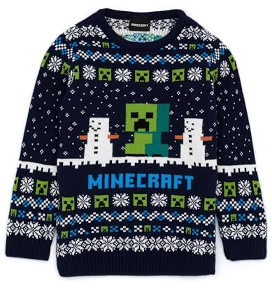 Minecraft Weihnachtspullover für Jungen | Kinder-Strickpullover mit Creeper- und Schneegolem-Charakteren in Blau | Selburose-Muster-Festtagspullover für Kinder mit Schneemännern