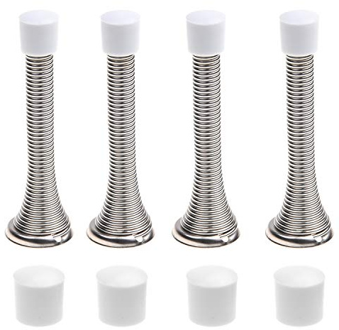 Kare & Kind 4X Spring Door Stoppers (Silver) - Screw-in Flexible Steel Stoppers with White Rubber Bumper Tips - Protect Walls from Bumps, Marks and Damages - Kid and Pet Safe - for Homes, Offices