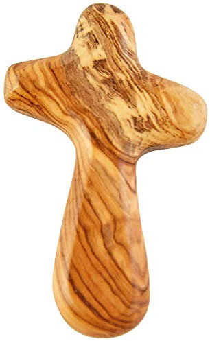 Home-X Olivenholz-Komfortkreuz, Tasche oder Hand-Olivenbaum-Holzkreuz, handgefertigt im Heiligen Land, 10,2 cm L x 6,4 cm B x 2,5 cm H, Natur