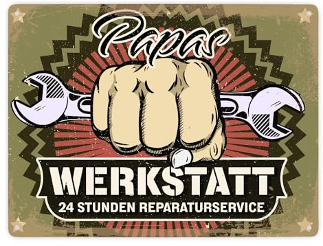 Papas Werkstatt 24 Stunden Reparaturservice Metallschild XXL mit Faust Werkzeug grafische Elemente Motiv