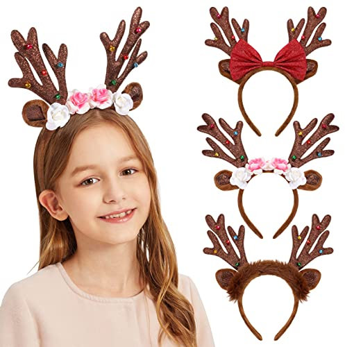 Lurrose Weihnachts Rentier Stirnbänder Weihnachtsgeweih Kopfbedeckung Glitzer Rentier Haarreif Hirschgeweih Stirnband für Weihnachtskostüm Party, 3 Stück
