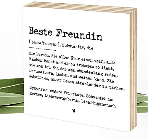 Wunderpixel® Holzbild Definition Beste Freundin - 15x15x2cm zum Hinstellen/Aufhängen, Fotodruck mit Spruch auf Holz - schwarz-weißes Wand-Bild Aufsteller Zuhause Büro zur Dekoration Geschenk-Idee
