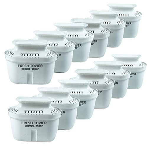 ECODE® Filter für Wasserspender Fresh Tower, Brita ®, Maxtra + Filterkartuschen, Aktivkohlefilter Filter, Kompatibel Wasserfilter Brita Kanne Kompatibel mit anderen Marken, Enthält 12 Einheiten