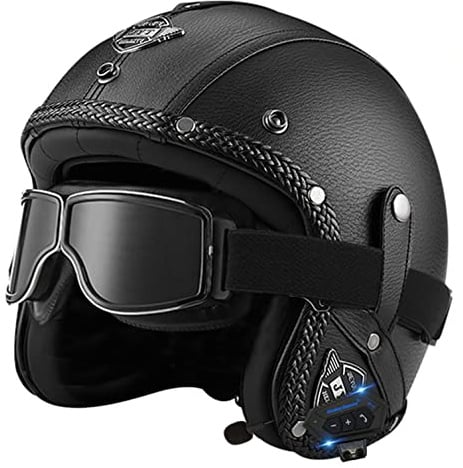 Bluetooth Jethelm mit Visier Retro Pilotenhelm Qualität nach ECE-Norm Roller-Helm für Frauen und Herren im Vintage-Look, Motorrad-Helm mit Schutzbrille