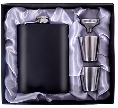 LHD HOME Hip Flask Matte Black Flask Gift Set,304 Stainless Steel Flask for Liquor for Men,with Funnel Shot Glasses Lovely Gift for Whiskey Rum Groomsman Best Man Usher Wedding Camping-Matte Black