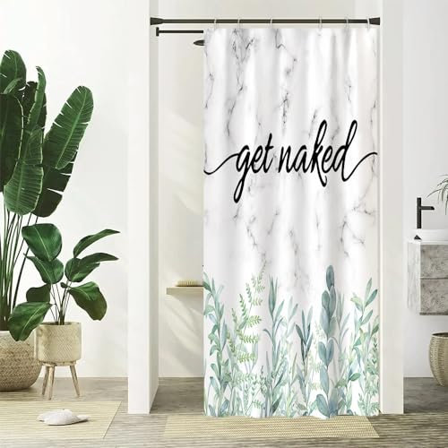 Uiiooazy Duschvorhang Get Naked, Duschvorhang Schmal 90x180cm Anti Schimmel Grüne Blätter Eukalyptus Marmor Grau Klein Duschvorhänge Wasserdicht Polyester Stoff Waschbar Bad Vorhang mit 6 Haken