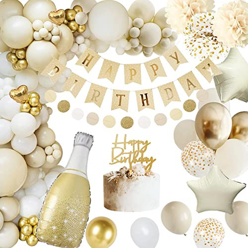 Geburtstagsdeko, Deko Geburtstag Mädchen Junge, Kindergeburtstag Deko, Happy Birthday Deko mit Banner Ballon Girlande Pompons Beige Gold für Frauen Mann Geburtstag Party Deko