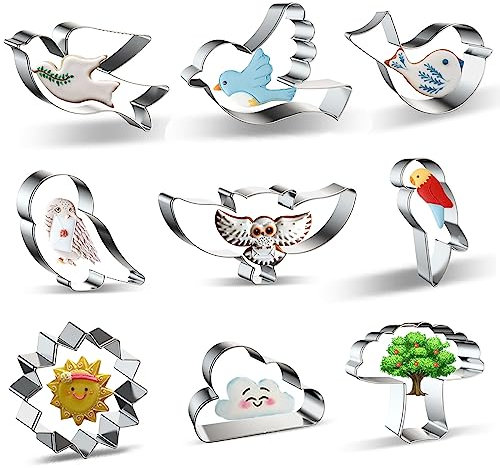 Ausstechformen aus Edelstahl – 9-teiliges Set: Taube, Taube, Eule, Spatz, Papagei, kleiner Vogel, fliegende Waldtiere und Himmel, Sonne, Wolke, Baumformen – Keks- und Fondantformen