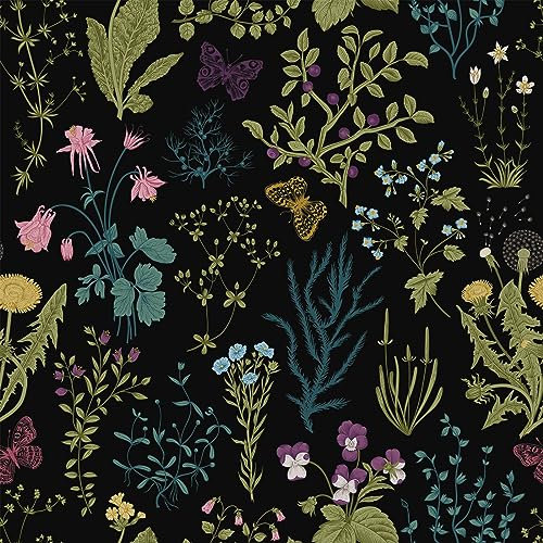 VEELIKE Papier Peint Feuillage Noir Vintage Papier Peint Adhesif Fleur Papillon Papier Adhésif pour Meuble Salon Stickers Muraux Salle de Bain Imperméable Tropical Mural Chambre Armoire 44.5cm×300cm