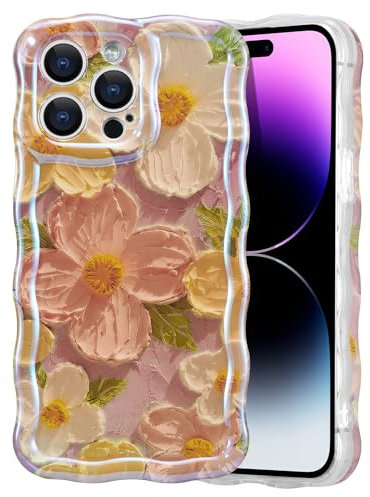EYZUTAK Handyhülle für iPhone 14 Pro,Bunte Vintage Ölgemälde Blume Handyhülle mit Glitzer Laserblume Hülle Lockiges Silikon Case mit Anti-Kratzen Stoßfeste Schutzhülle Bumper Cover-Rosa