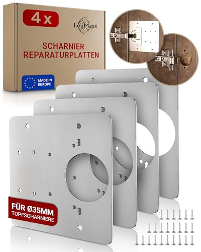 LouMaxx Scharnier Reparaturset – 4er Set Scharnierreparaturplatte aus Edelstahl mit Schrauben – universelle Reparaturplatte für Scharniere bei lockeren Ø35mm-Möbelscharnieren aller gängigen Fabrikate