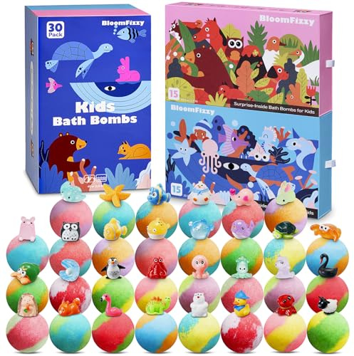 30 Pack Kids Bath Bombs with Land & Sea Animal Toys, Dual-Themed Gift Boxes