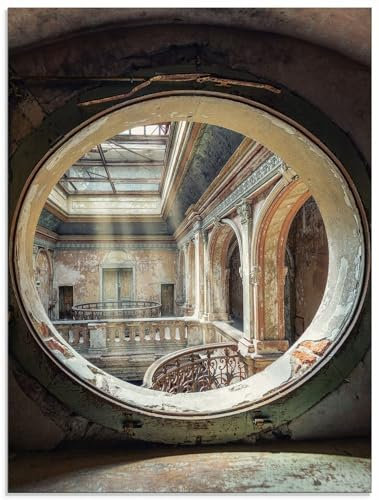 ARTland Wanddeko Glasbilder Wandbild Glas Bild einteilig 60x80 cm Hochformat Architektur Ruinen Treppe Bullauge Fenster Ornamente Licht Lost Places U4YD