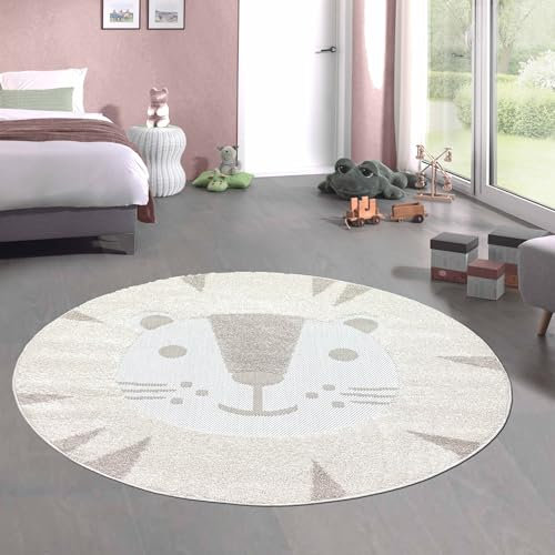 CARPETIA Teppich Kinderteppich 3D-Effekt leicht zu pflegen Hautsympathisch Katzenmuster Creme braun, 160 cm Rund