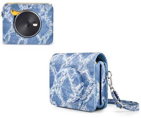 Rieibi Étui de protection en cuir PU pour Kodak Mini Shot 3 Retro C300R Appareil photo/imprimante instantanée portable avec bandoulière, motif denim