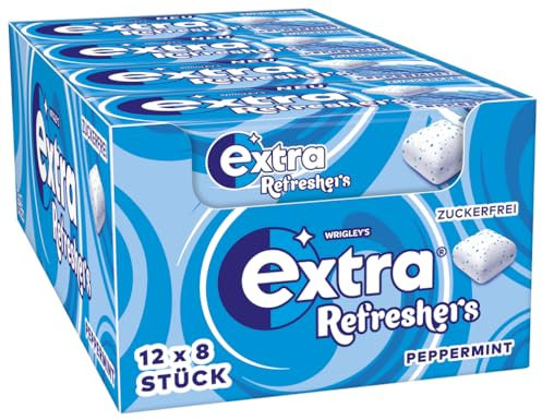 Extra Refreshers Kaugummi zuckerfrei, Peppermint Gum, 12 x 8 Dragees, Großpackung Chewing Gum, Xylitol Kaugummi ohne Zucker mit Minz Frische (96 Dragees)