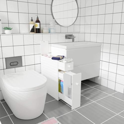 Slim Bathroom Free Standing Floor Narrow Cabinet With Over Toilet, Under Sink, 48D x 17W x 58H, Compact Slimline Storage Unit With Drawers & Slide-Out Shelf, White