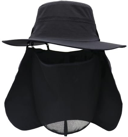 Huakunda Sonnenhut Herren UPF 50+ 360° UV-Schutz Hut mit Nackenschutz Abnehmbar Gesichtsschutz Fischerhut für Wandern Gehen Safari (DE/NL/SE/PL, Alphanumerisch, Einheitsgröße, Schwarz)