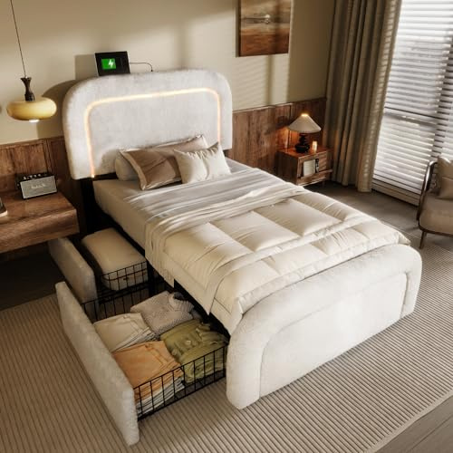 Rtopsu Polsterbett Einzelbett 90x200 cm mit LED-Beleuchtung und USB-Typ-C Kopfteil, Bett mit 2 Stauraum Schubladen, Metallbettgestell mit Lattenrost aus Holz, Sherpa, Weiß, Ohne Matratze