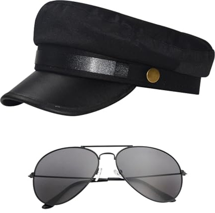 Bohue 2 Stück Chauffeur Kostüm Zubehör Unisex Erwachsene Chauffeur Cap Sonnenbrille Limo Taxi Fahrer Verkleidung für Weihnachten Halloween Disco Thema Party Zubehör