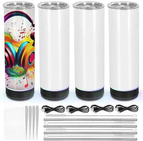 Micellwuu 4 Pack 20 Oz Music Speaker Tumbler, Sublimation Music Tumbler Blanks, Double Wall Vacuum Insulated Coffee Mug with Detachable LED Light, Speaker Cup (Black)