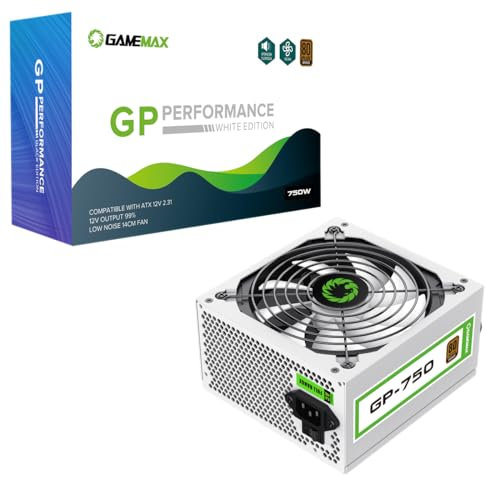 GameMax GP-Series 750W 80 Plus Bronze Power Supply - 750W GameMax GP-Series GP-750, Fully Wired, Single Rail, 140mm Fan, ATX PSU | White