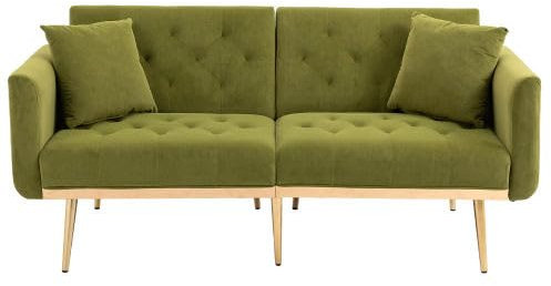 AUJDKDH Velvet 3-Seater Design Sofa, Convertible 3-Adjustable Sofa Bed, Metal Leg Support, Living Room, Bedroom or small Space, Comfortable for Sitting or Sleeping (Olive Green + Velvet)
