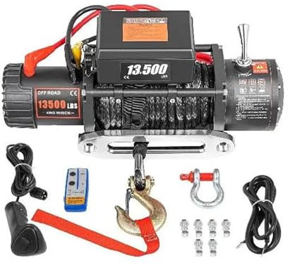 Langjiee Treuil électrique à Corde De Remorquage Synthétique, 13500 Lbs, 12v, Palan De Levage De 24m/92 Pieds pour Remorque De Voiture 4x4, Camion, Bateau Hors Route