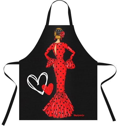 IllustrArte Delantal cocina mujer “Maria rojo” con diseño flamenco – 100% poliéster lavable – 78x65 cm – hecho en España