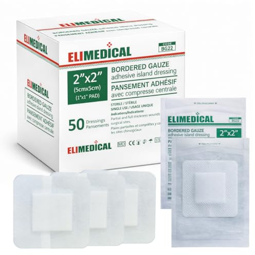 ELIMEDICAL Steriles Klebendes Inselverband mit umrandeter Gaze – Gaze-Pads, Wundauflage mit Kleberand – Steril, weich & hochabsorbierender Wundverband (2x2 (5x5cm))