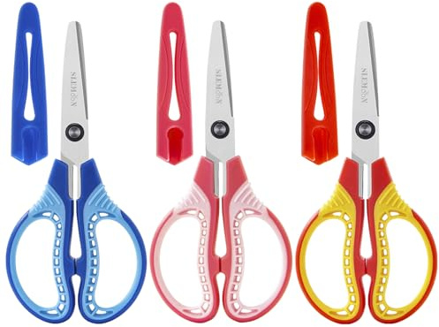 SLEMOON 6'' Kids Scissors for Ages 6+,Blunt Tip with Cover Scissor 3 Pack
