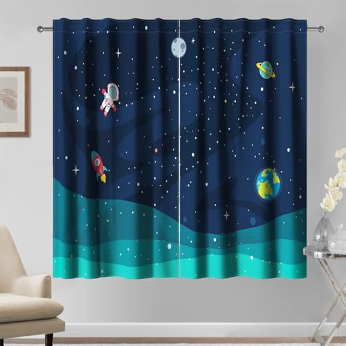 Kzzfqxb 117x138cm Weltraum Vorhänge 2 Paneele, Astronaut Rakete Erde Planeten Galaxie verträumte Fenstervorhänge, Fantasie dunkelblaues Dekor für Kinder Jungen, Schlafzimmer, Wohnzimmer, Kinderzimmer