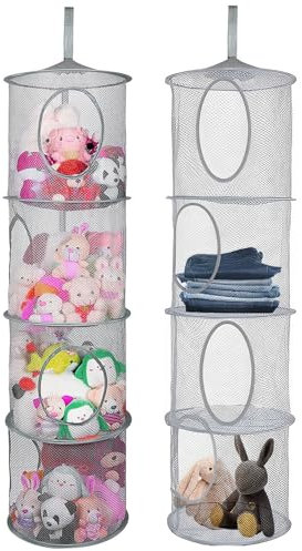 4 Tier Teddy Storage Hanging Mesh, 2 pcs Foldable Hanging Toy Basket, Save Space Hanging Mesh Storage Basket for Kids Room Soft Toys Clothes Sundries Bathroom