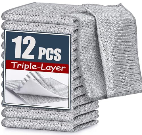 12 Stück Geschirrspüllappen aus Draht Wiederverwendbarer Kettennet Schrubber, Gusseisenreiniger, Topfreiniger, Reinigungstuch für Nass und Trockenreinigung, Reinigungstücher Teiger Teigtuch (30x30cm)