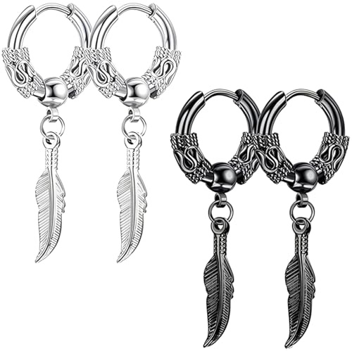 Liitata 2 Paar Gothic Feder Ohrringe Edelstahl Feder Ohrringe Hip Hop Punk Rock Earrings für Männer Frauen - Silber und Schwarz