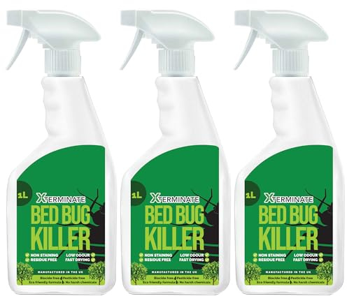 Xterminate Pesticide Free Bed Bug Killer Spray 3 x 1L - Biocide Free, No Harsh Chemicals, Eco-Friendly Formula - Non Staining & Low Odour - For Bed Bugs, Fleas, Flies & More