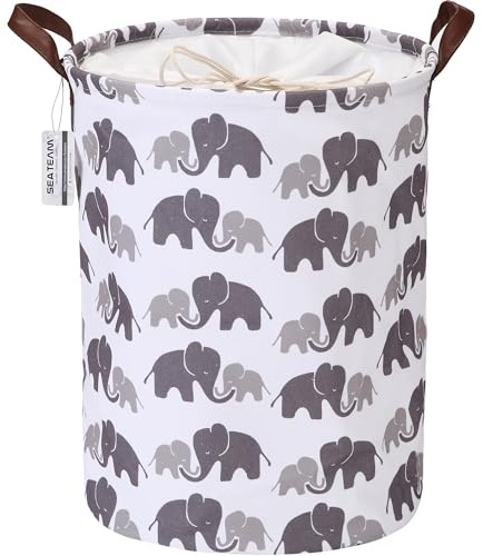 Sea Team Elephant Pattern Laundry Hamper Canvas Fabric Laundry Basket Collapsible Storage Bin with PU Leather Handles and Drawstring Closure, 17.7 by 13.8 inches, Waterproof Inner, Grey
